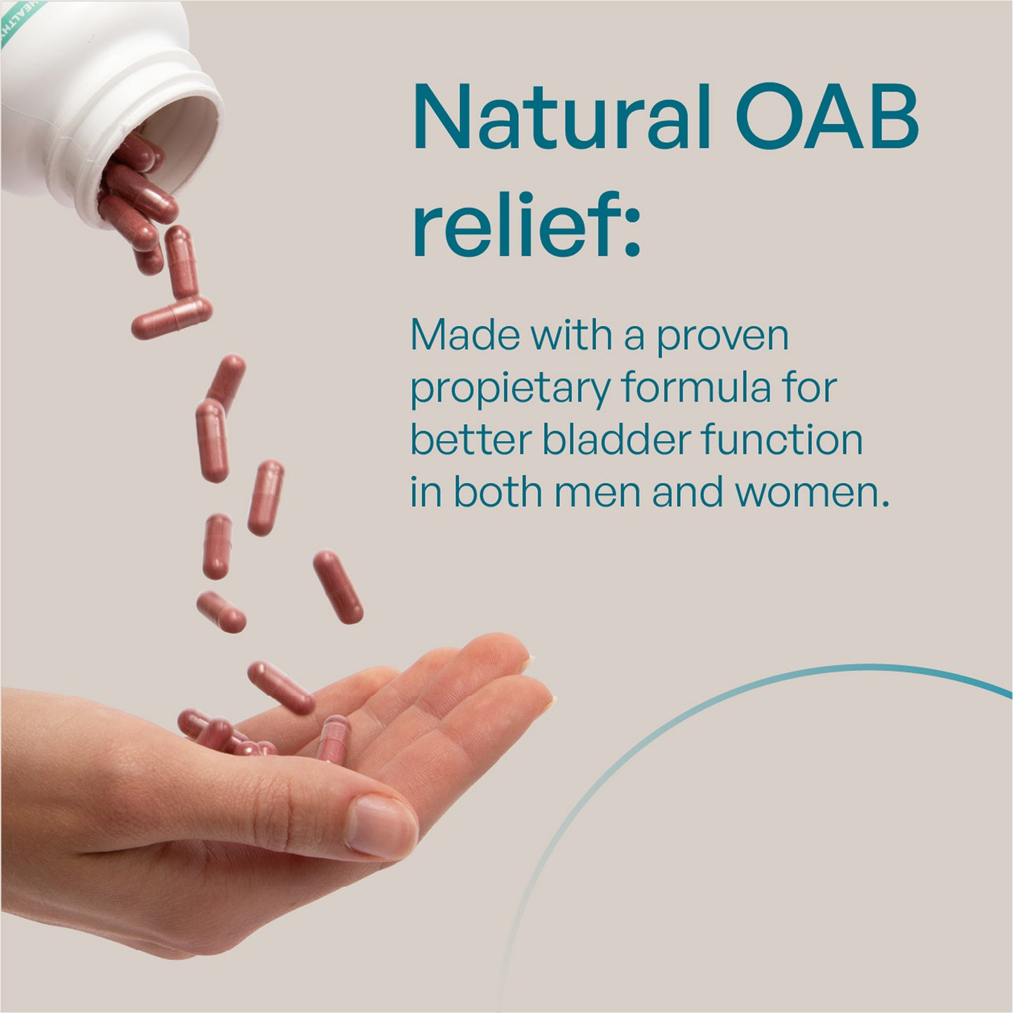 Pills being poured from a bottle into a hand with text about Natural OAB relief.
