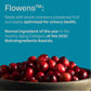 Bowl of cranberries with promotional text about Flowens on a blue background