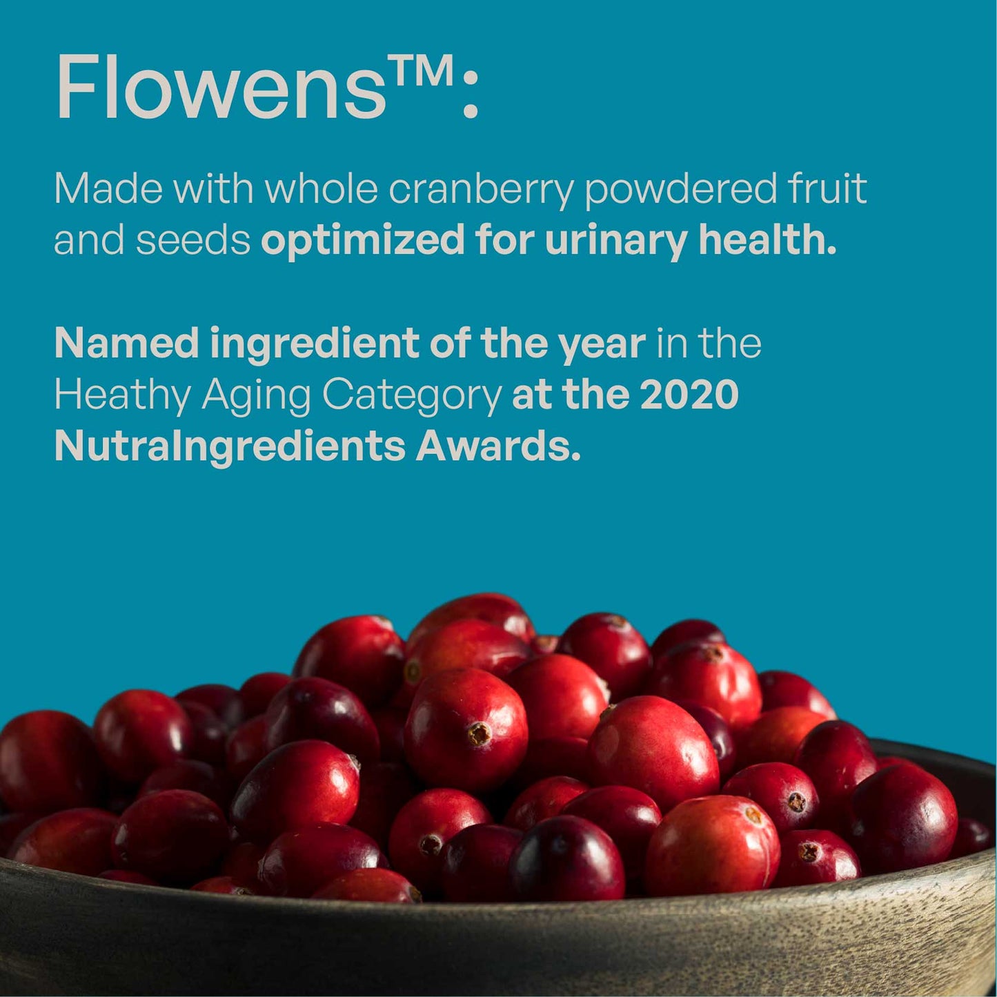 Bowl of cranberries with promotional text about Flowens on a blue background