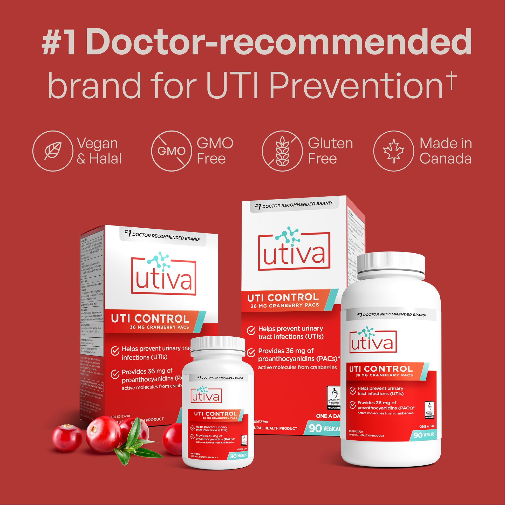 uti control bottles and boxes on a red bacground with a scattering of cranberries in the foreground. text: #1 Doctor-recommended brand for UTI Prevention†