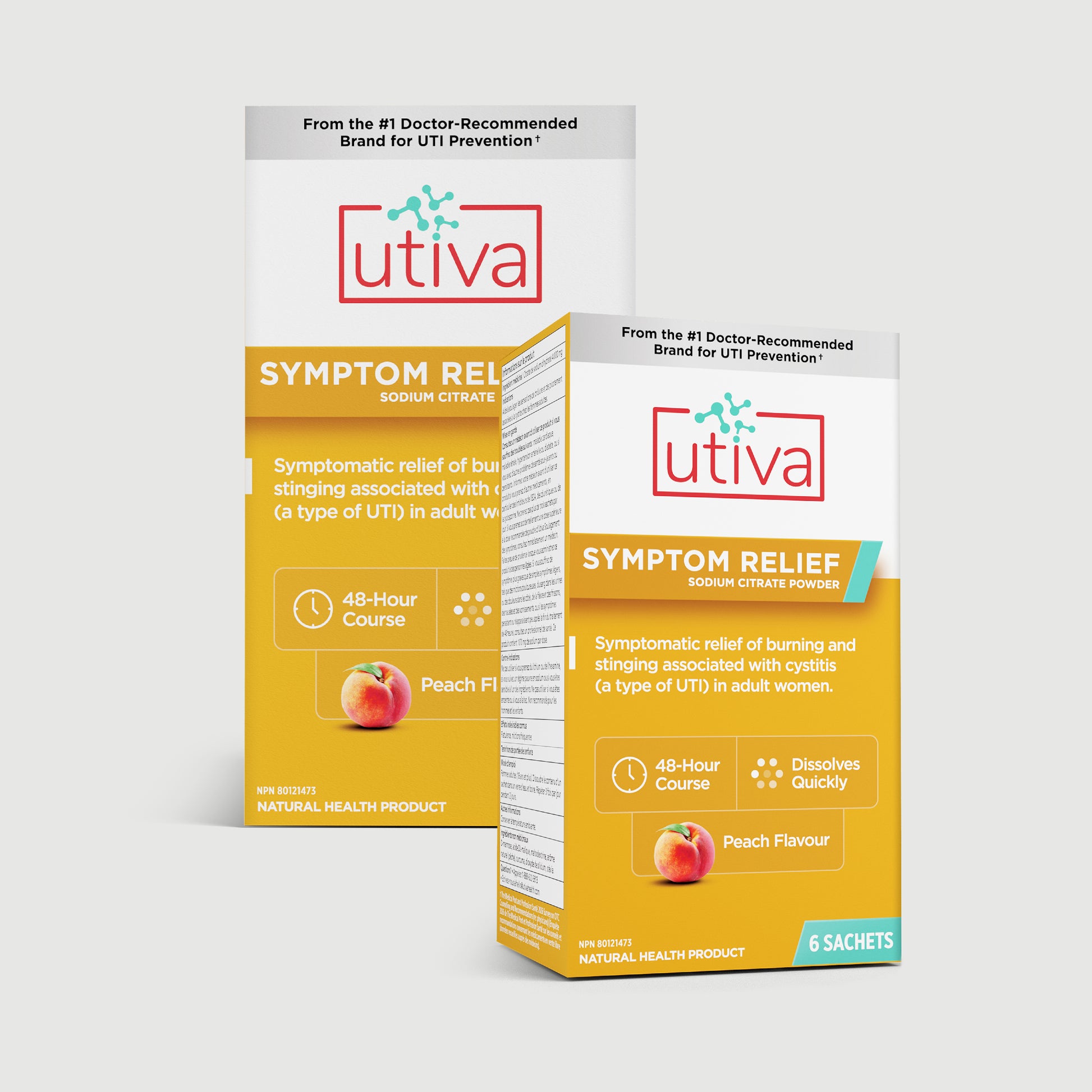 2 boxes of Utiva Symptom Relief on a light grey background