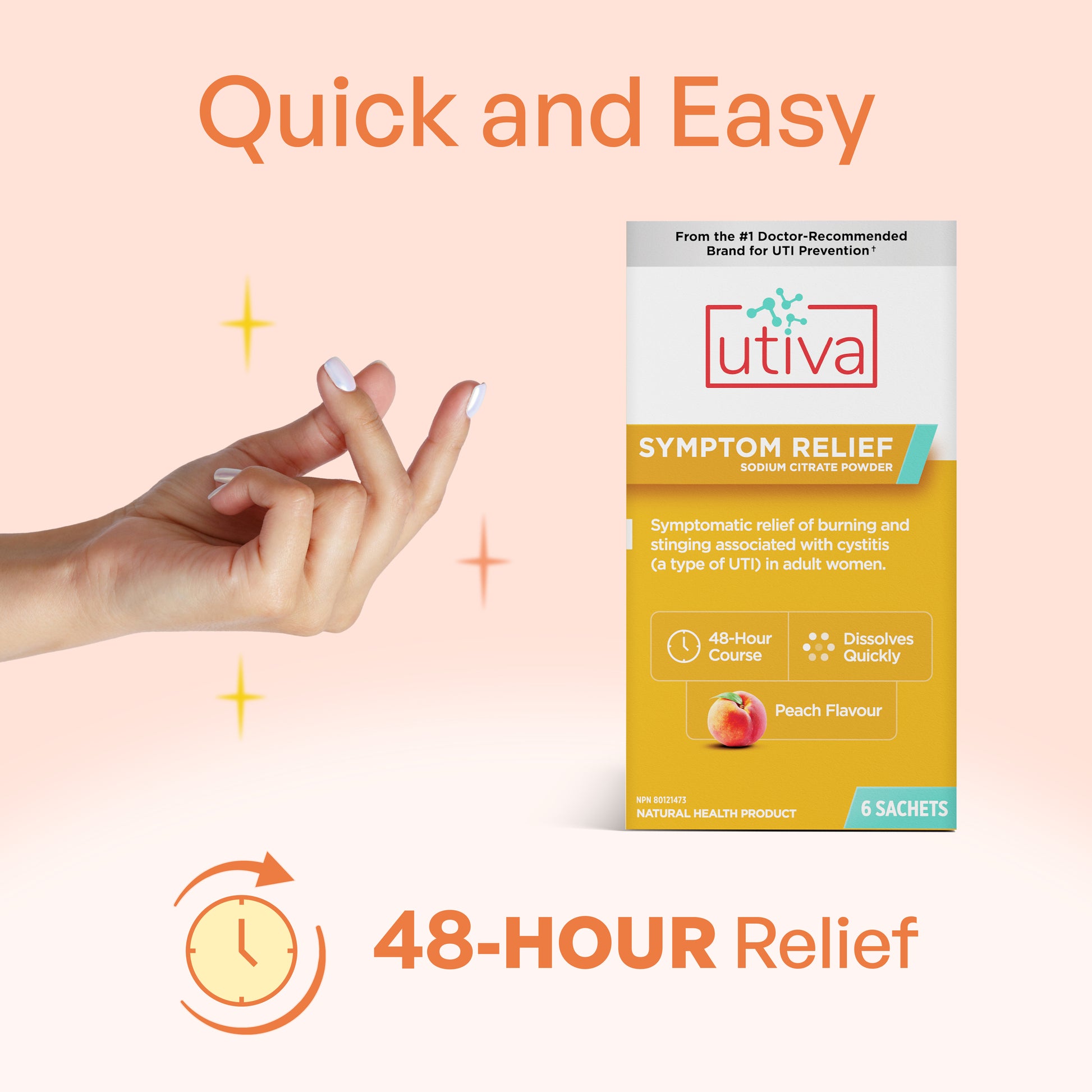 Women's hand snapping her fingers Utiva box to the right. text: Quick and easy, 48-hour relief