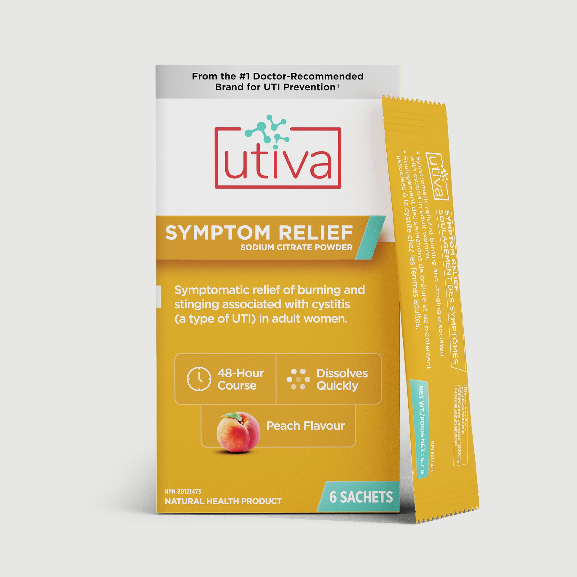 yellow Utiva Symptom Relief box with one sachet leaning on the right side.