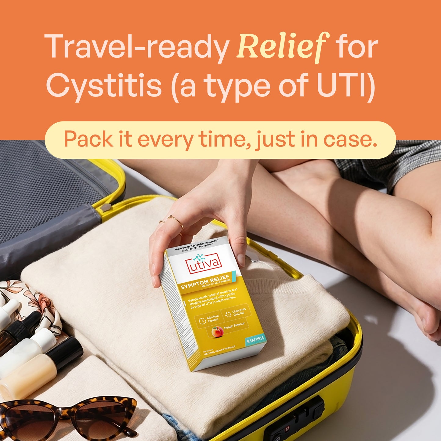 Image: A hand holding a box of Utiva Symptom Relief over a packed suitcase. Text: Travel-ready relief for Cystitis (a type of UTI). Pack it everytime, just in case.