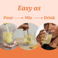 3 images showing 1) Utiva Symptom Relief powder being poured into a glass 2) A hand with spoon mixing the powder in a glass of water. 3) A woman drink the glass that contains a light yellow liquid. Text: Easy as pour, mix, drink.