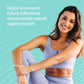 Woman in athletic wear with text about preventing infections and promoting vaginal health on a teal background
